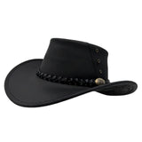 Black Magpie Hat with a leather band and decorative buckle on a white background