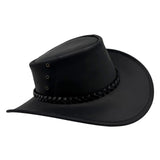 Black Magpie Hat with a leather band and decorative buckle on a white background