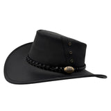 Black Magpie Hat with a leather band and decorative buckle on a white background