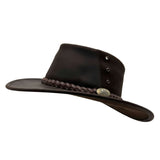 brown Magpie Hat with a leather band and decorative buckle on a white background