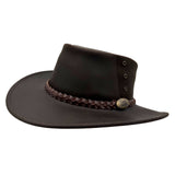 brown Magpie Hat with a leather band and decorative buckle on a white background