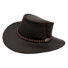 brown Magpie Hat with a leather band and decorative buckle on a white background