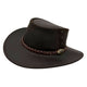 brown Magpie Hat with a leather band and decorative buckle on a white background