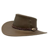 brown Magpie Hat with a leather band and decorative buckle on a white background