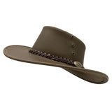brown Magpie Hat with a leather band and decorative buckle on a white background
