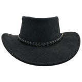 A black leather hat with a wide brim and a decorative band around the crown, featuring metal eyelets and a button detail.