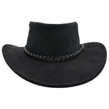 A black leather hat with a wide brim and a decorative band around the crown, featuring metal eyelets and a button detail.