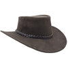 A brown leather hat with a wide brim and a decorative band around the crown, featuring metal eyelets and a button detail.