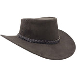 A brown leather hat with a wide brim and a decorative band around the crown, featuring metal eyelets and a button detail.