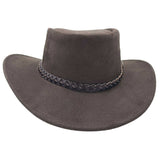 A brown leather hat with a wide brim and a decorative band around the crown, featuring metal eyelets and a button detail.