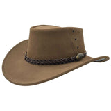 A Mushroom leather hat with a wide brim and a decorative band around the crown, featuring metal eyelets and a button detail.