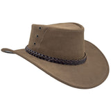 A Mushroom leather hat with a wide brim and a decorative band around the crown, featuring metal eyelets and a button detail.