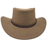 A Mushroom leather hat with a wide brim and a decorative band around the crown, featuring metal eyelets and a button detail.