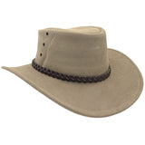 A sand leather hat with a wide brim and a decorative band around the crown, featuring metal eyelets and a button detail.