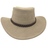 A sand leather hat with a wide brim and a decorative band around the crown, featuring metal eyelets and a button detail.