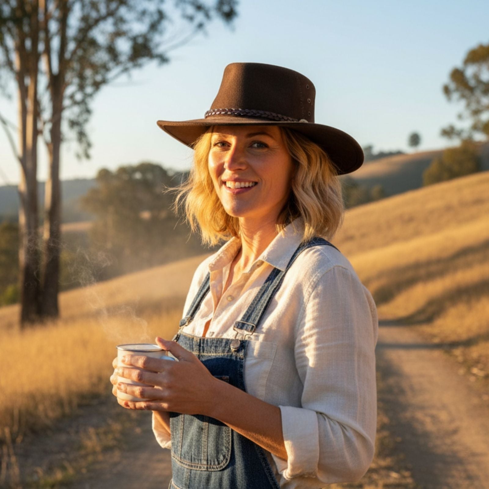 Woman in a cowboy hat and overalls holding a mug in a rural setting