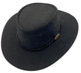 A Black leather hat with a wide brim and a decorative band around the crown, featuring metal eyelets and a button detail.