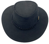 A Black leather hat with a wide brim and a decorative band around the crown, featuring metal eyelets and a button detail.