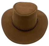 A mushroom leather hat with a wide brim and a decorative band around the crown, featuring metal eyelets and a button detail.