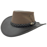 Brown and black wide-brimmed hat with braided band on a white background