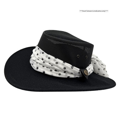 Black hat with a white scarf featuring black polka dots on a white background