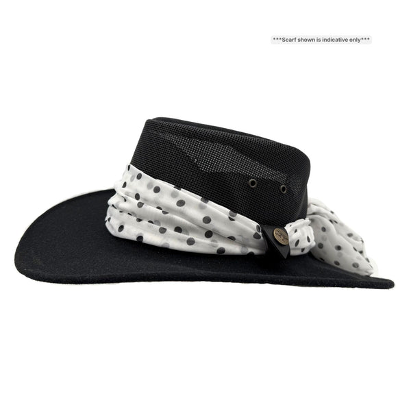 Black Horizon Hat with Scarf white polka dot on a white background