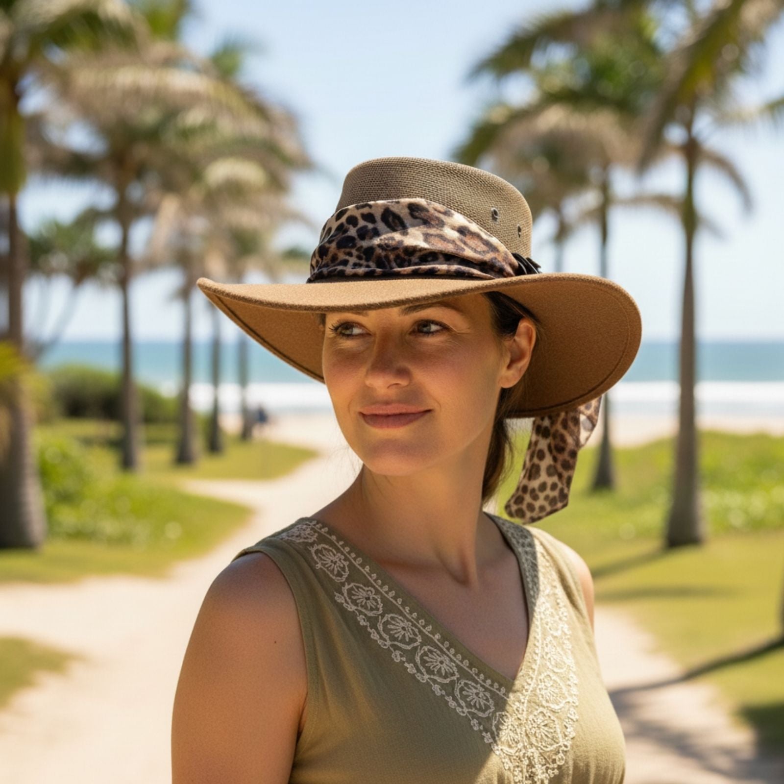 Woman wearing a Horizon Hat with Scarf leopard print band on a beach path with palm trees.