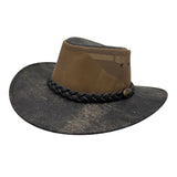 Brown and black wide-brimmed hat with braided band on a white background