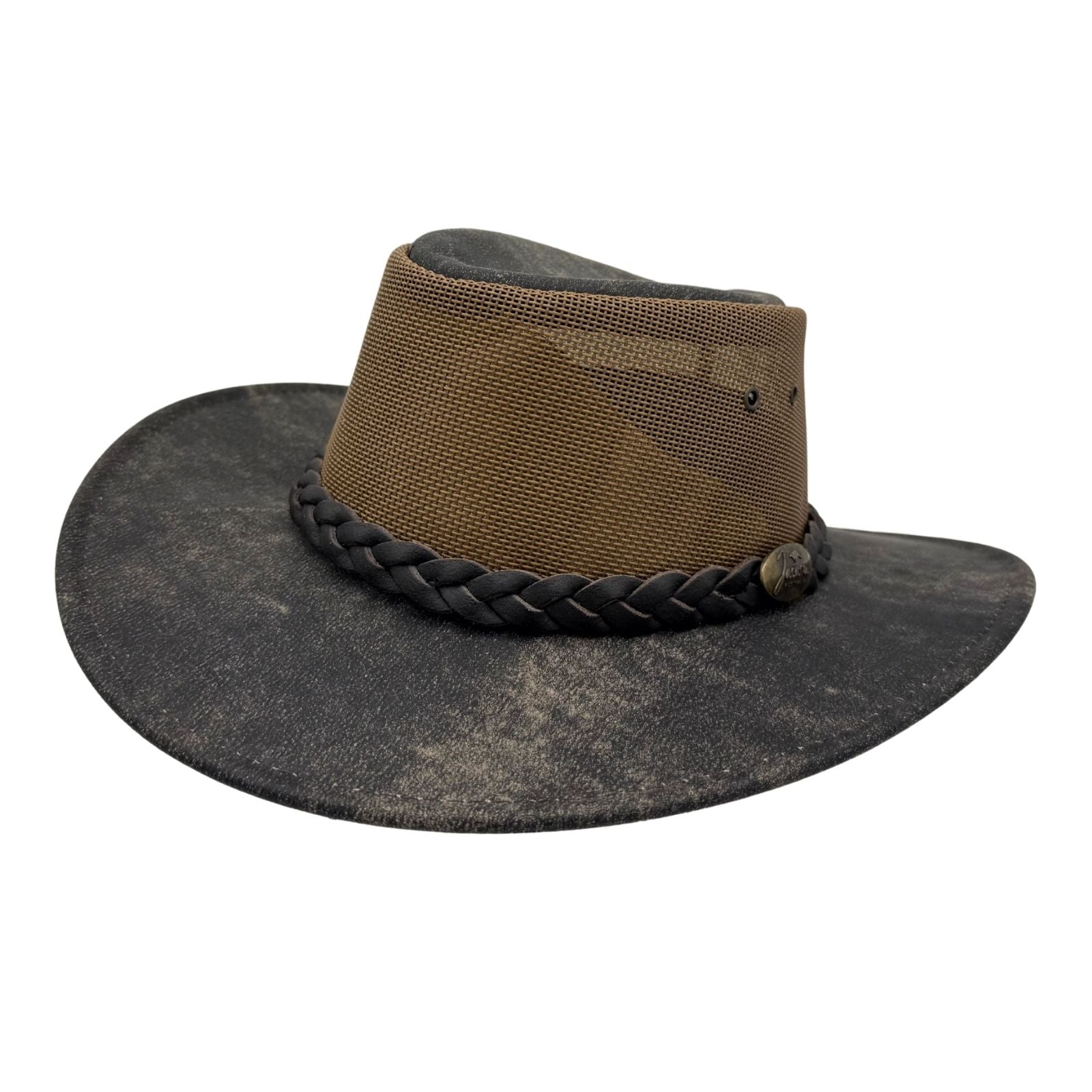 Brown and black wide-brimmed hat with braided band on a white background