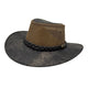 Brown and black wide-brimmed hat with braided band on a white background