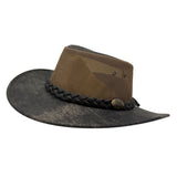 Brown and black wide-brimmed hat with braided band on a white background