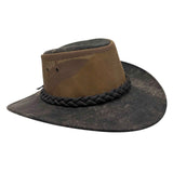 Brown and black wide-brimmed hat with braided detail on a white background