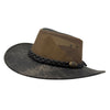 Brown and black wide-brimmed hat with braided band on a white background