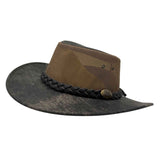 Brown and black wide-brimmed hat with braided band on a white background