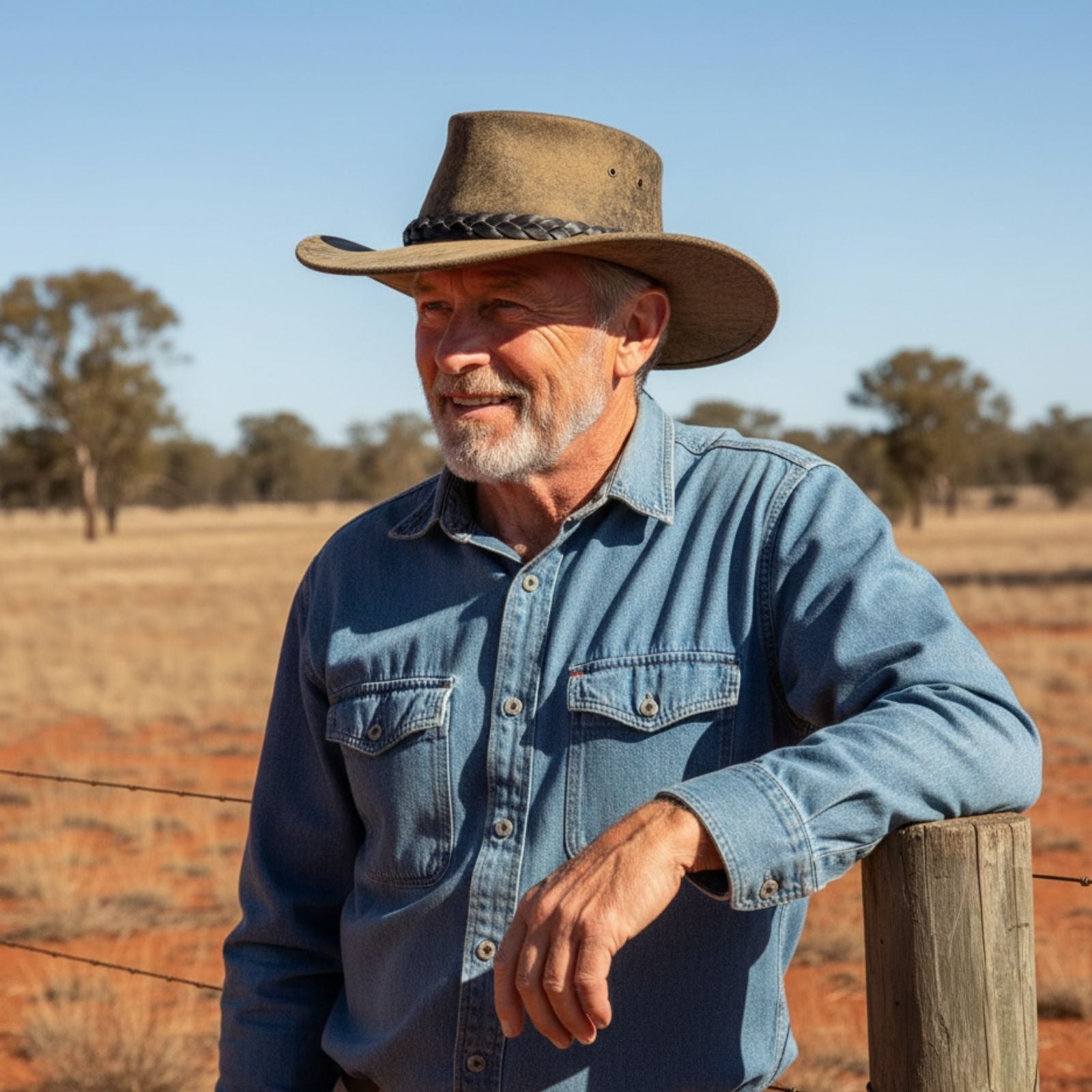 Man wearing a cowboy Stonewash Brown hat and blue denim shirt standing in a rural setting.