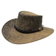 Stonewash Brown leather hat with braided band and button on a white background