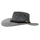 Stonewash Gray felt hat with braided band and leather patch on a white background
