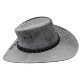 Stonewash Gray suede hat with braided leather band on a white background