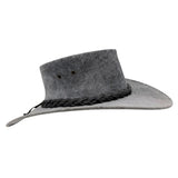 Stonewash Gray suede hat with braided leather band on a white background