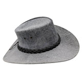 Stonewash Gray suede hat with braided leather band on a white background