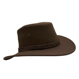 Jacaru 1180 Brown Soaker Hatwith braided band on a white background