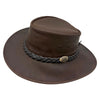 Brown Aussie Hat with braided band and logo on a white background