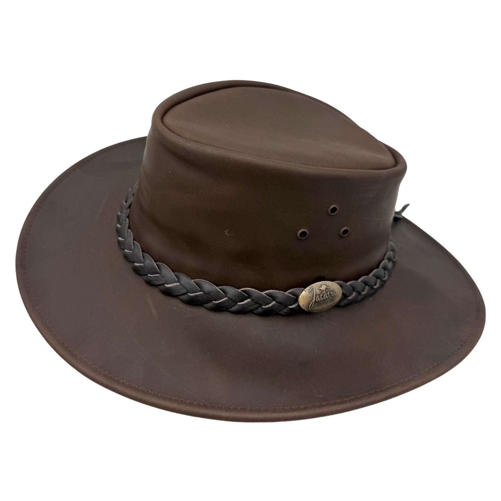Brown Aussie Hat with braided band and logo on a white background