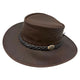 Brown Aussie Hat with braided band and logo on a white background