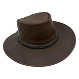 Brown Aussie Hat with braided band on a white background