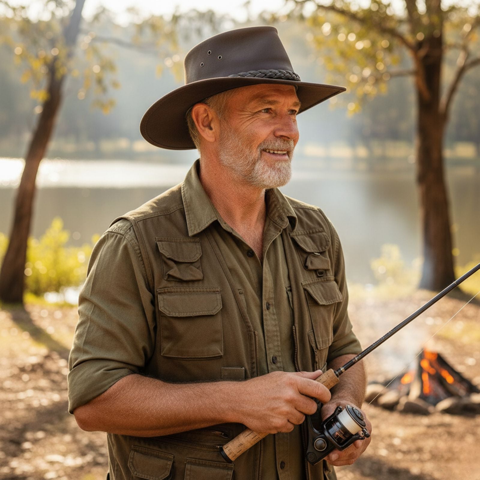 Man in outdoor attire and Aussie Hat holding a fishing rod by a lake