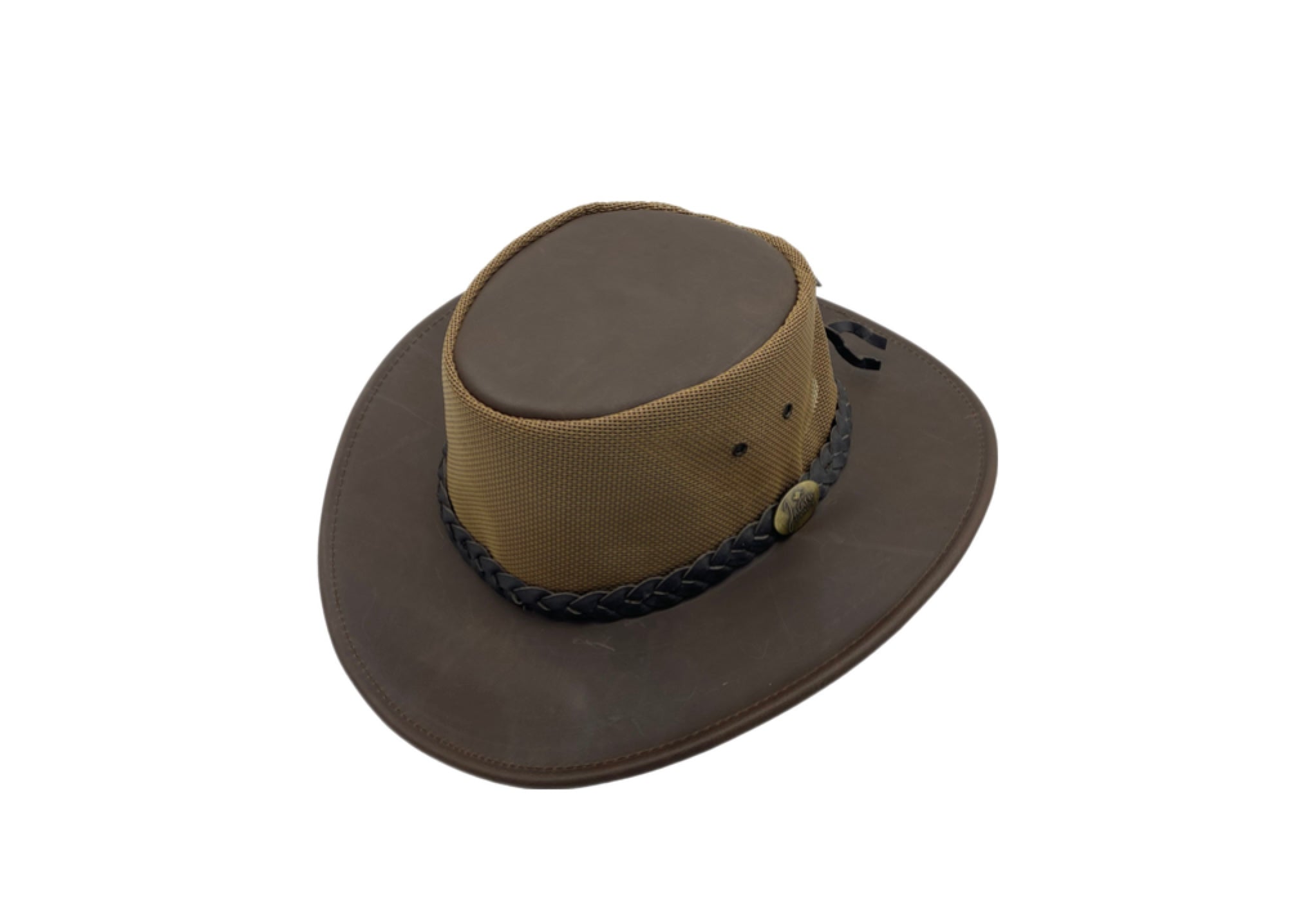 A Brown Jacaru 1102 Sunset Breeze leather hat with a PVC mesh crown and a brimmed width of 7cm.