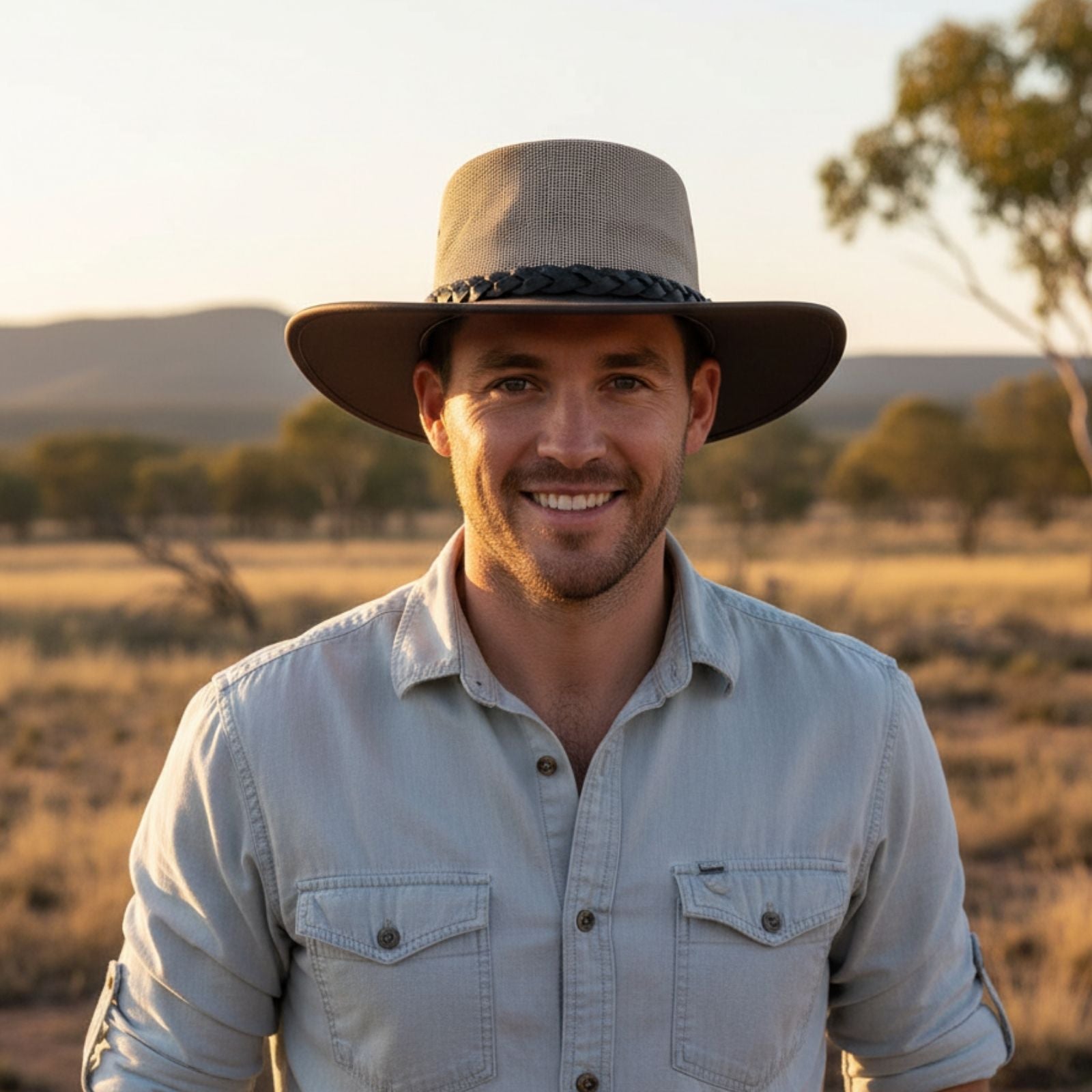 Smiling man in outback wearing a Jacaru Brown The Aussie Breeze Hat