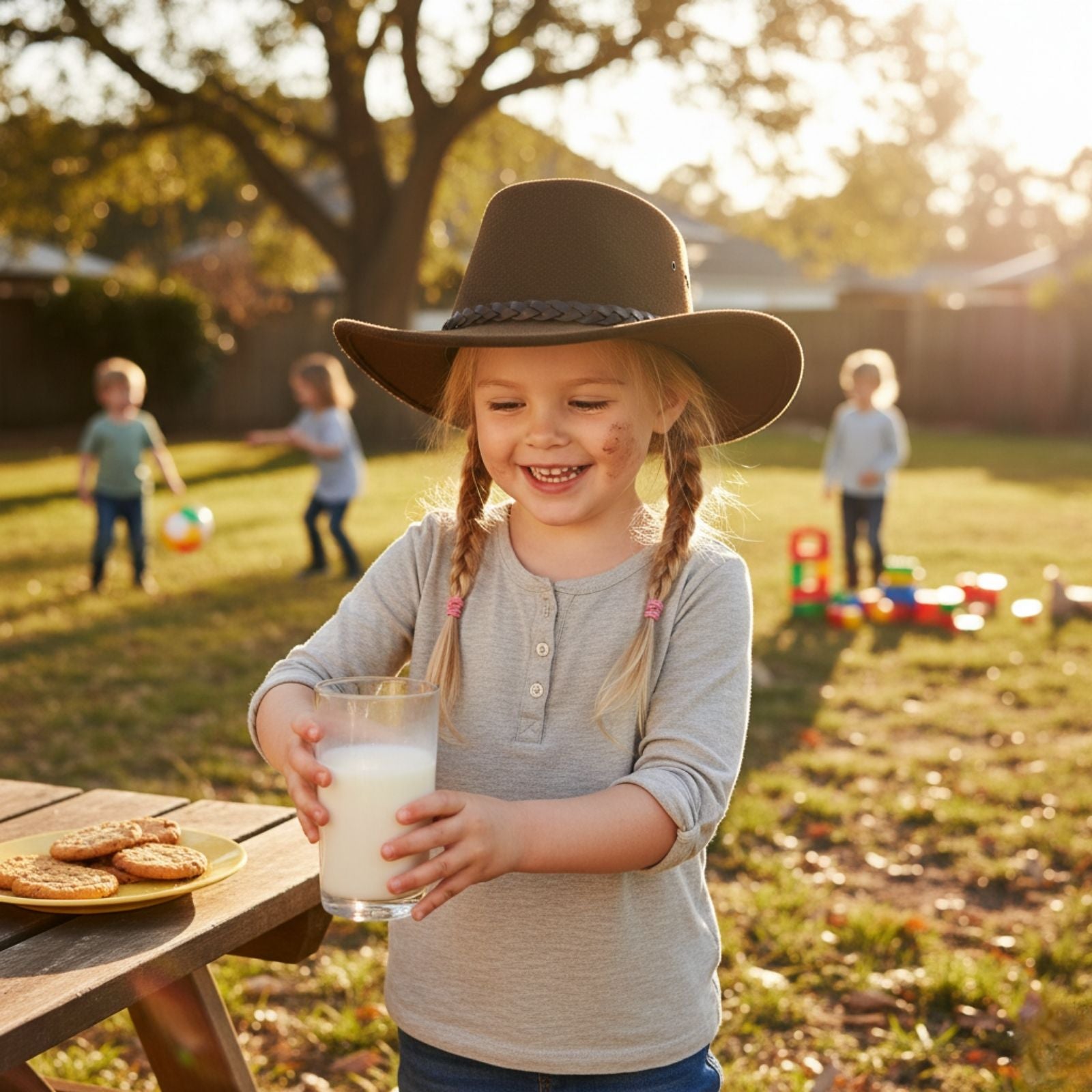 A young girl is wearing a brown Children's Hat, a light grey long-sleeved shirt.
