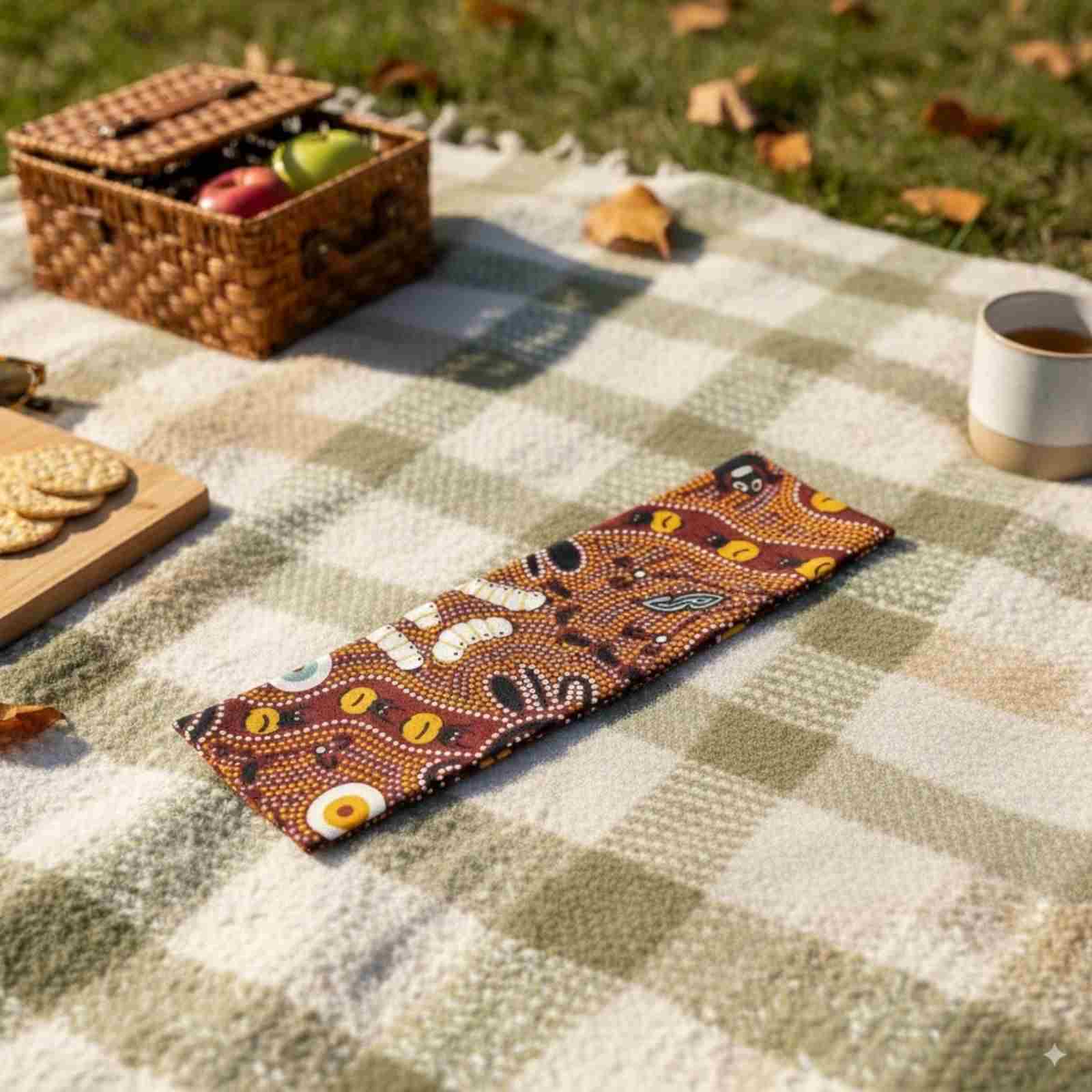 Jacaru Bush Tucker scarf on outdoor picnic setting